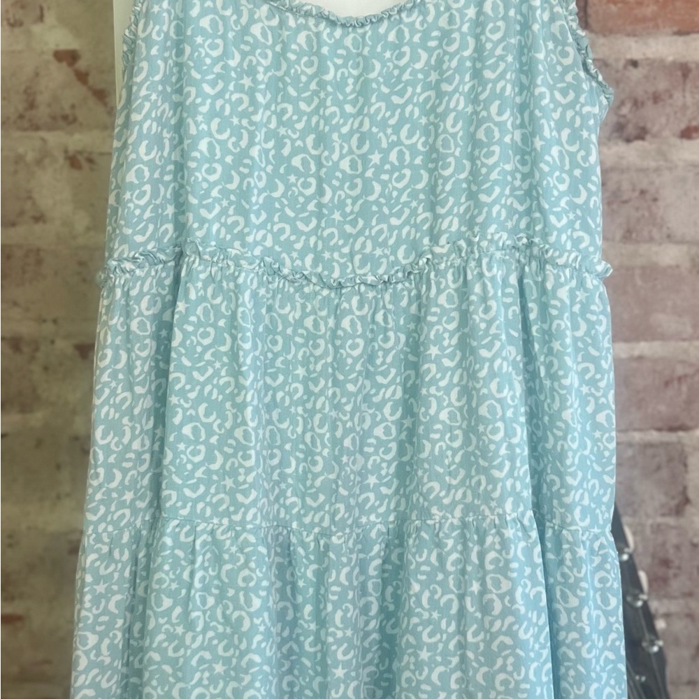 Kori Blue Tan Ruffled Tiered Mini Sundress Scoop Neck